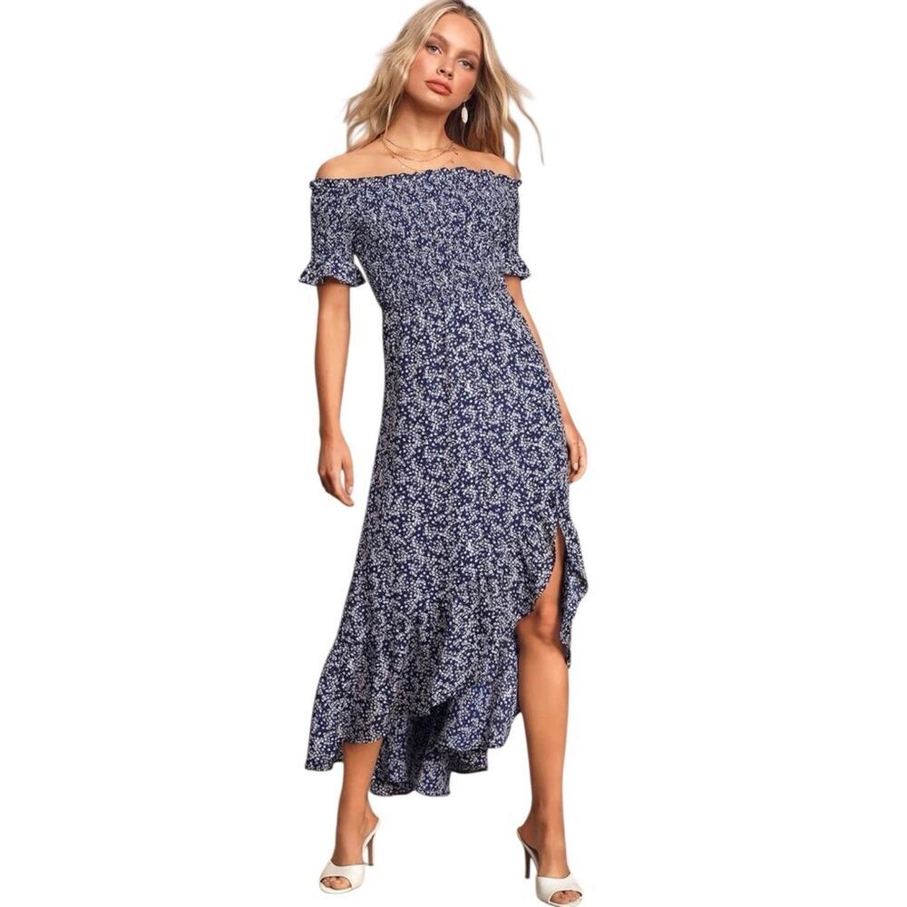 Lulus Blue White Floral Lightweight Flowy Womens Off Shoulder Maxi Dress Size Sm